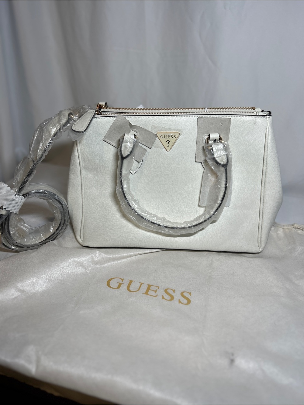 GUESS Doretta Cream Pebbled Satchel Crossbody Bag NWT Gold Hardware